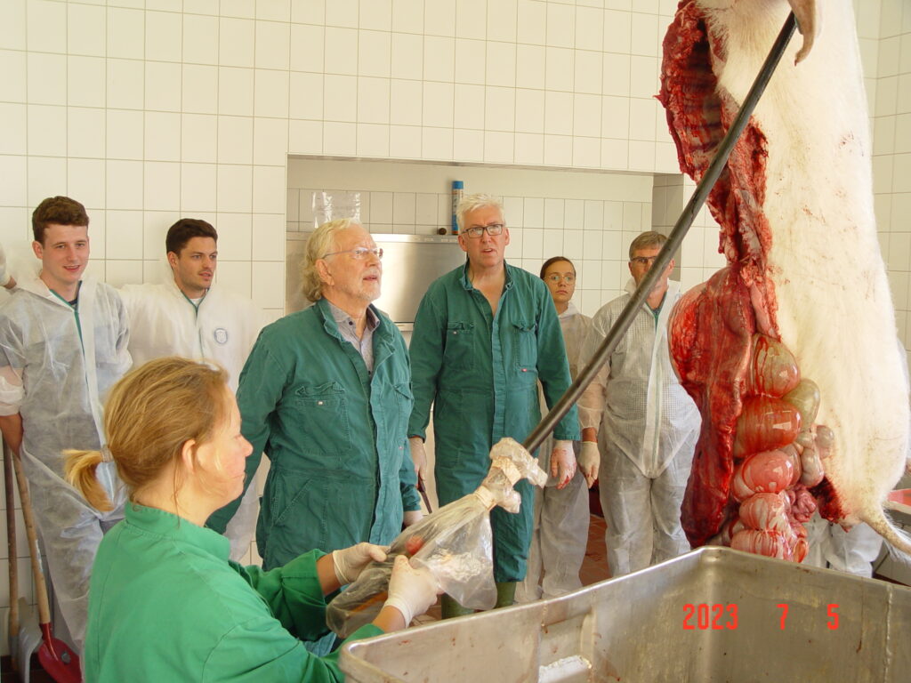 Gruppenbild mit hängenden Schwein